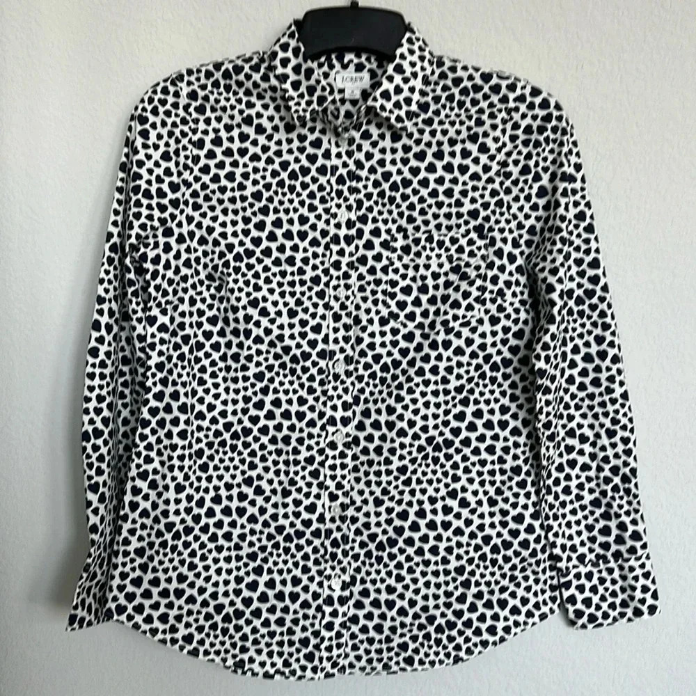 J. Crew Navy Heart Long Sleeve Button Down Women's Shirt
